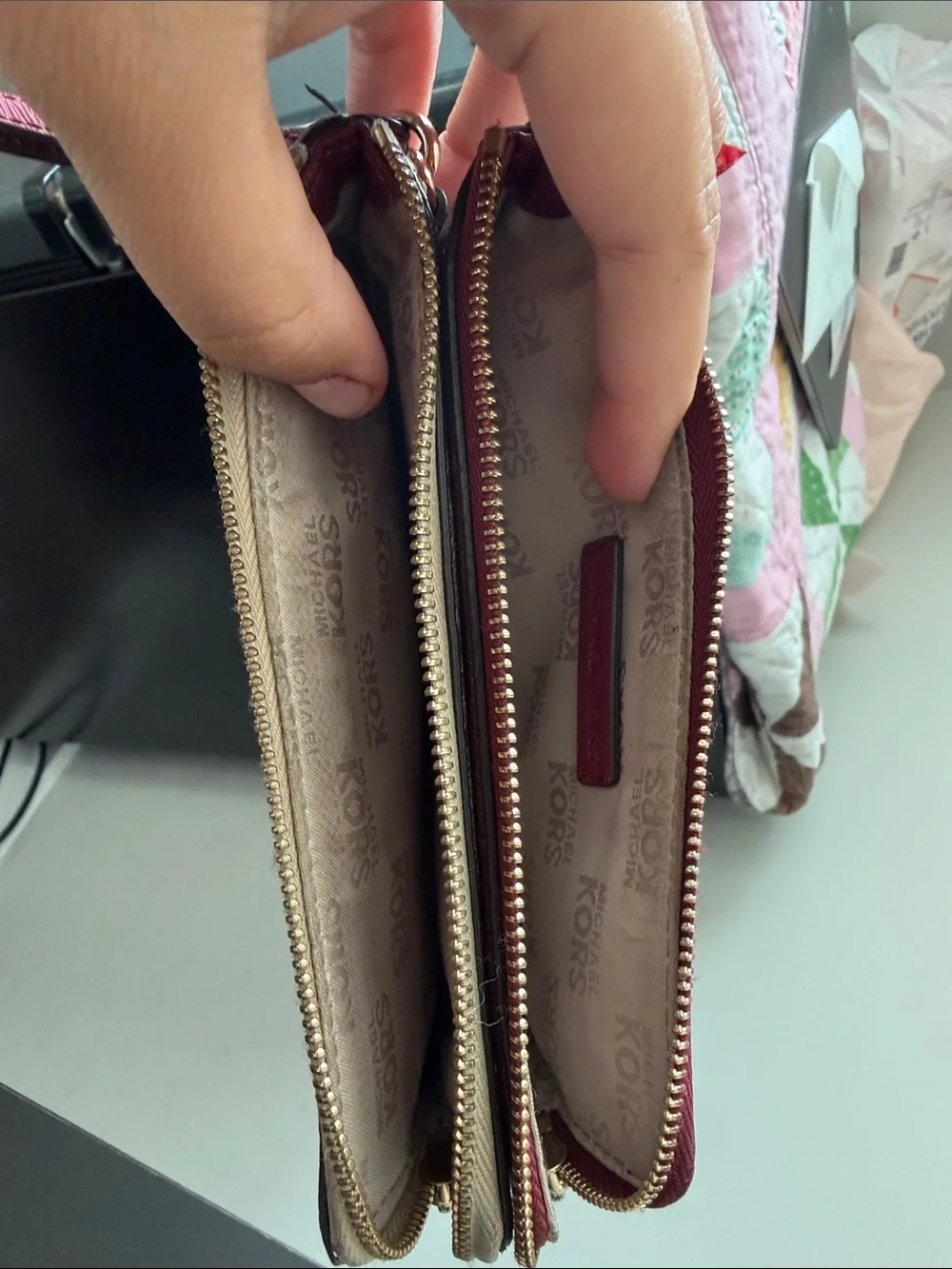 Michael Kors Beige Brown Signature Zip Wallet with Gold Logo